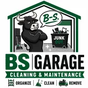 BS Garage Cleaning & Maintenance logo with bull mascot and junk bin in green and black