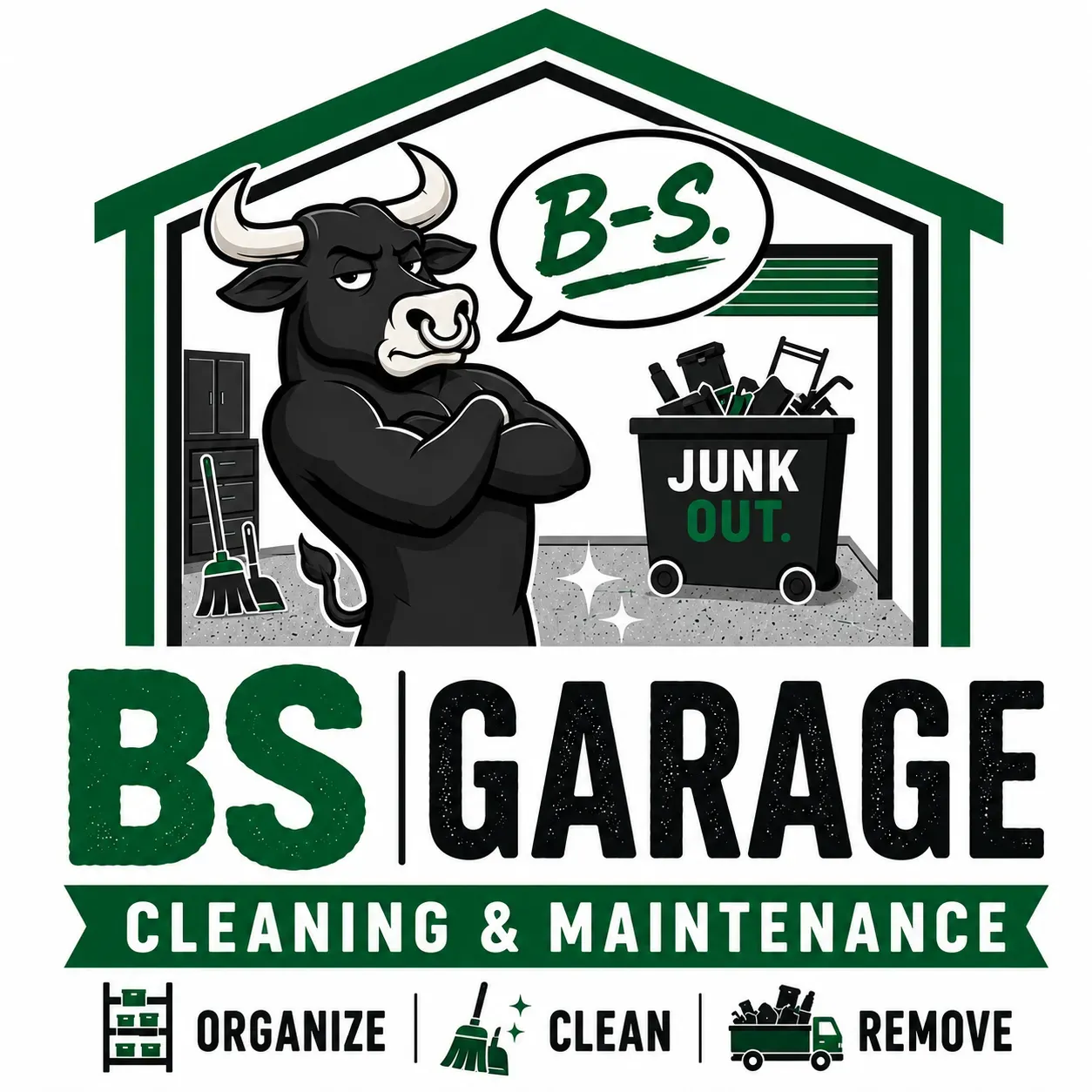 BS Garage Cleaning & Maintenance logo with bull mascot and junk bin in green and black