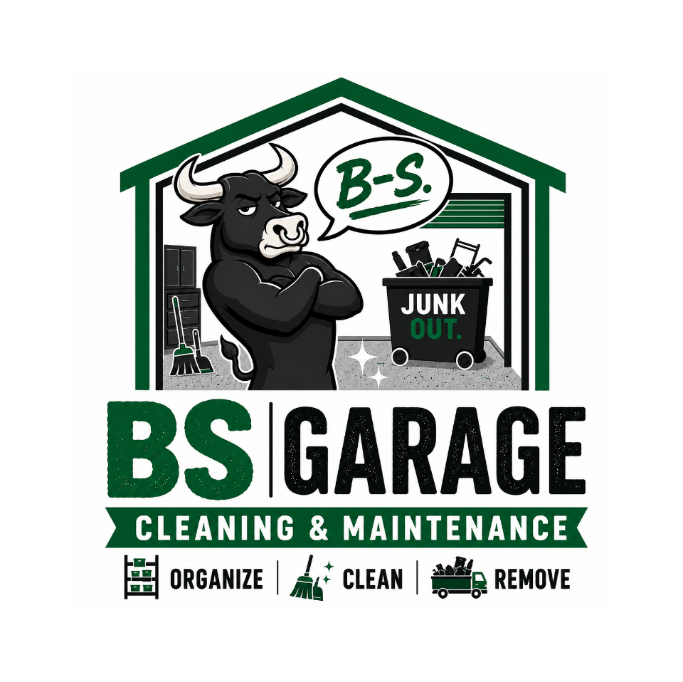 BS Garage Cleaning & Maintenance logo with bull mascot, garage, trash bin, and green-black text