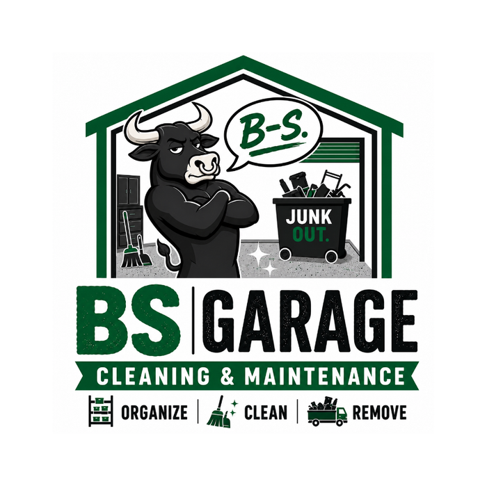BS Garage Cleaning & Maintenance logo with bull mascot, garage, trash bin, and green-black text