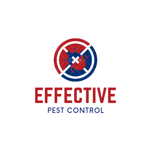 Logo for Effective Pest Control: red and blue circular design with a bug, "X" mark, and text.
