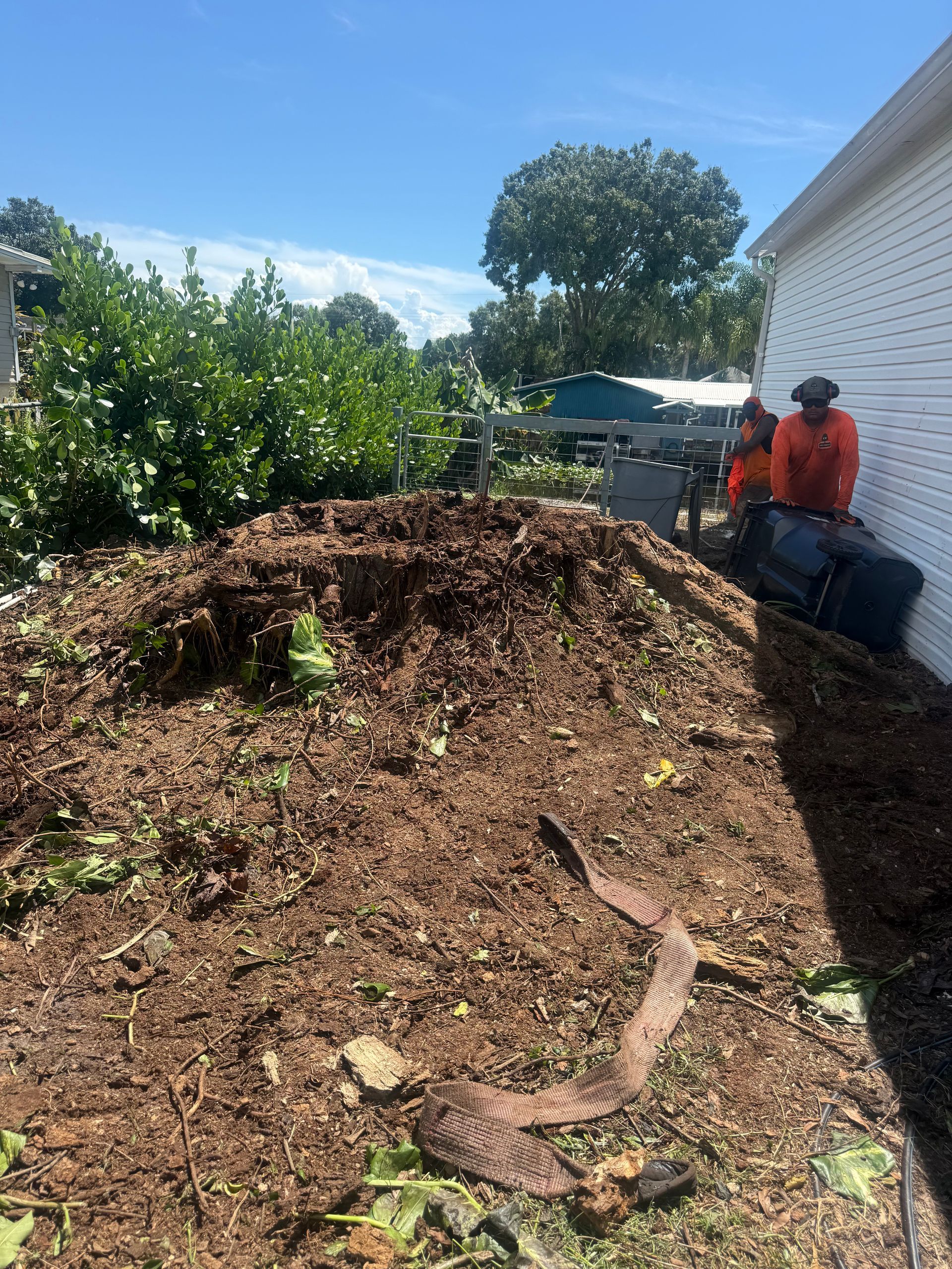 Large compost pile in a sunny yard beside a house, with a person in an orange shirt sitting nearby.