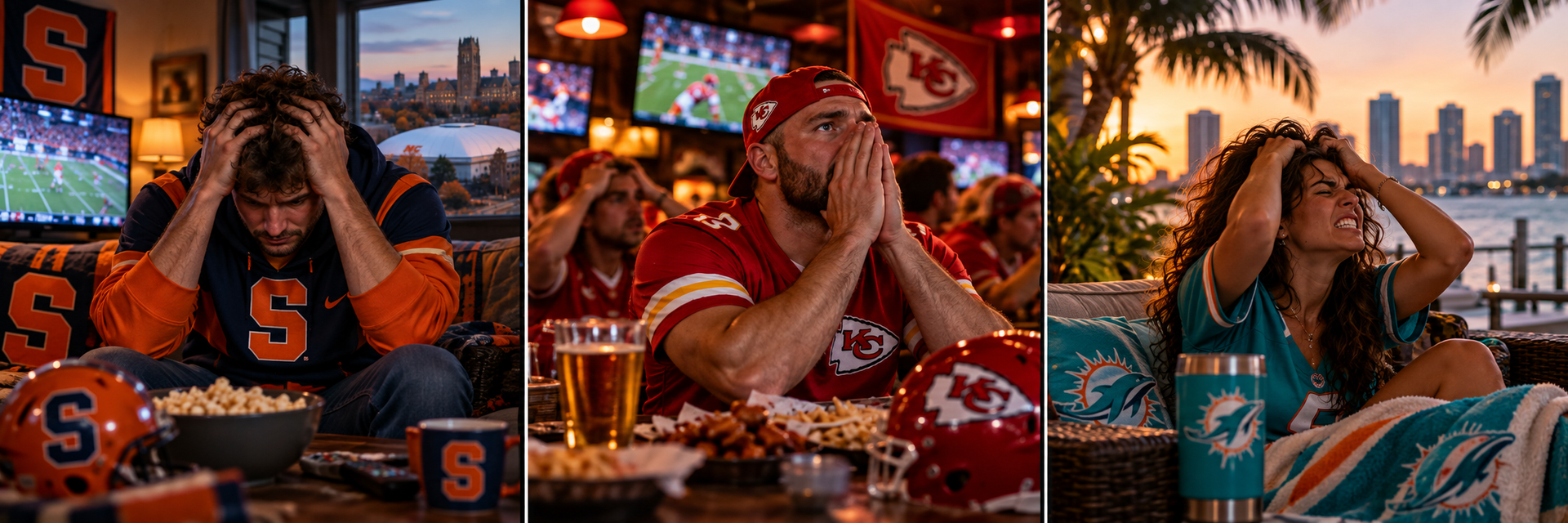 Football fans in Syracuse, Kansas City, and Miami dealing with stress after tough team losses, illus