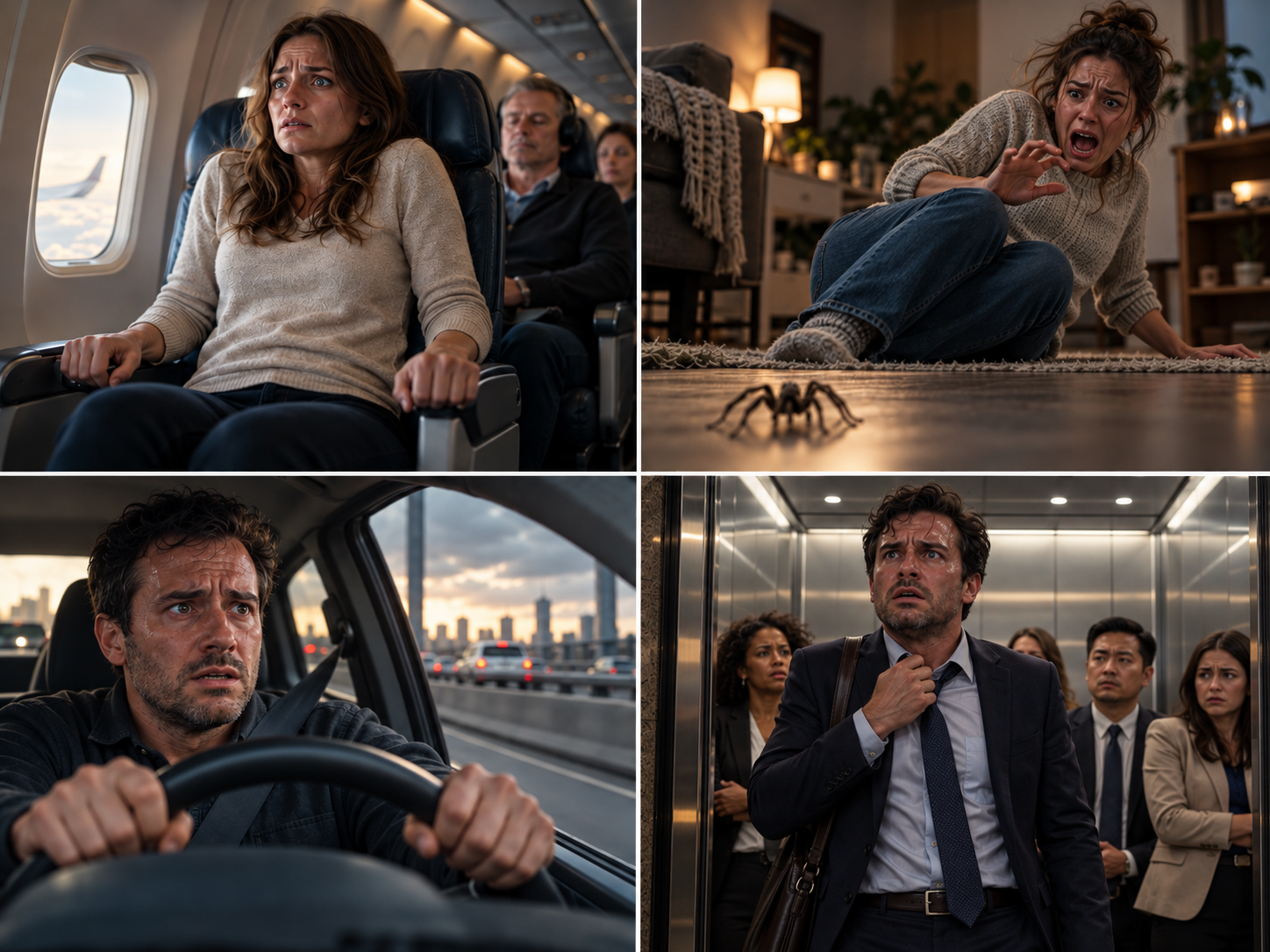 Four-panel image showing adults experiencing common phobias including fear of flying on an airplane,
