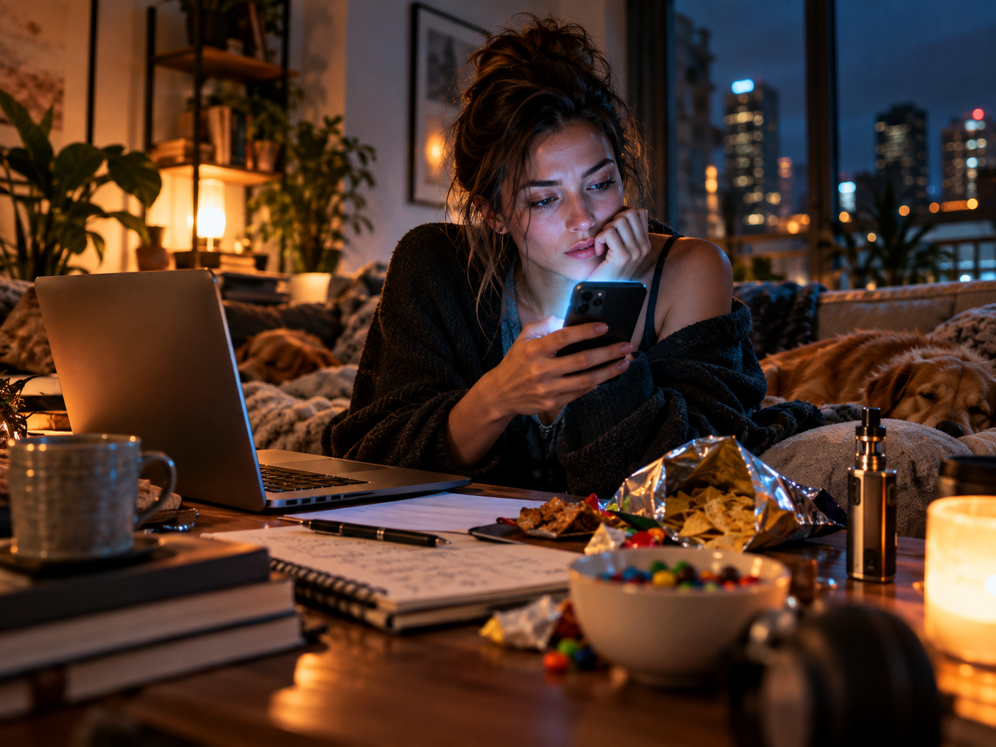 Woman distracted by her smartphone beside a laptop, snacks, and vape, representing hypnosis for proc