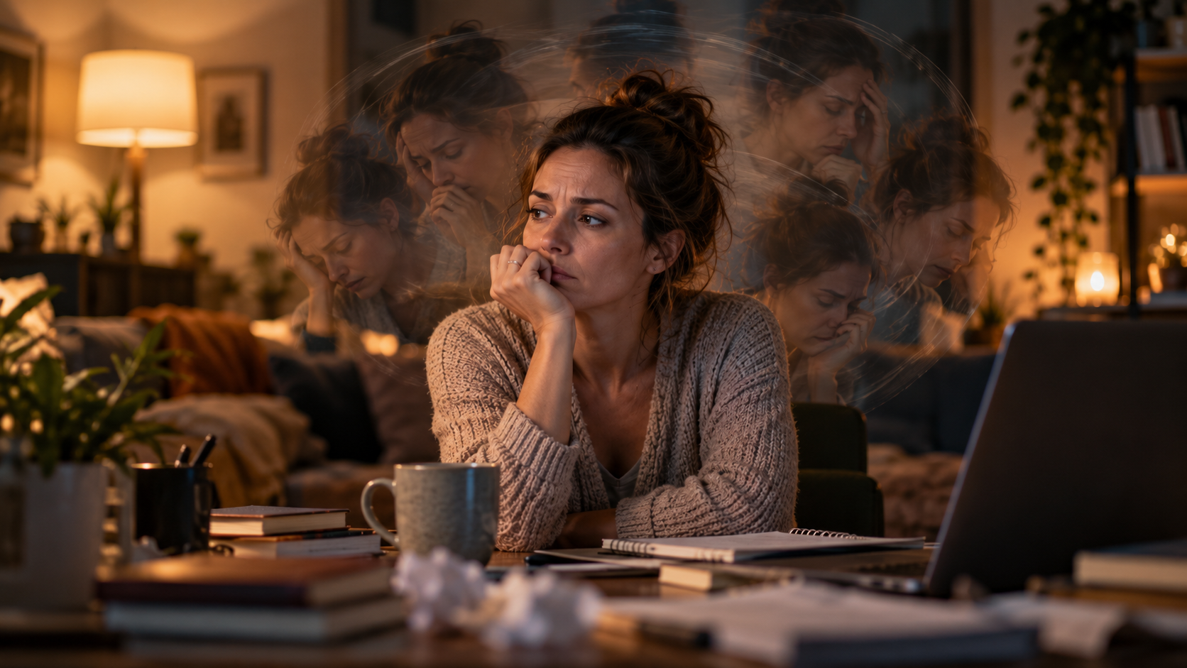 Woman caught in repetitive thoughts, representing overthinking, stress, anxiety, subconscious patter