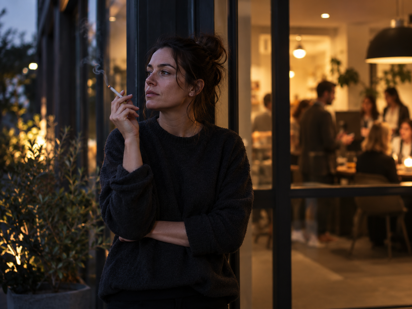 Woman smoking outside while others socialize indoors, representing smoking triggers, stress relief,