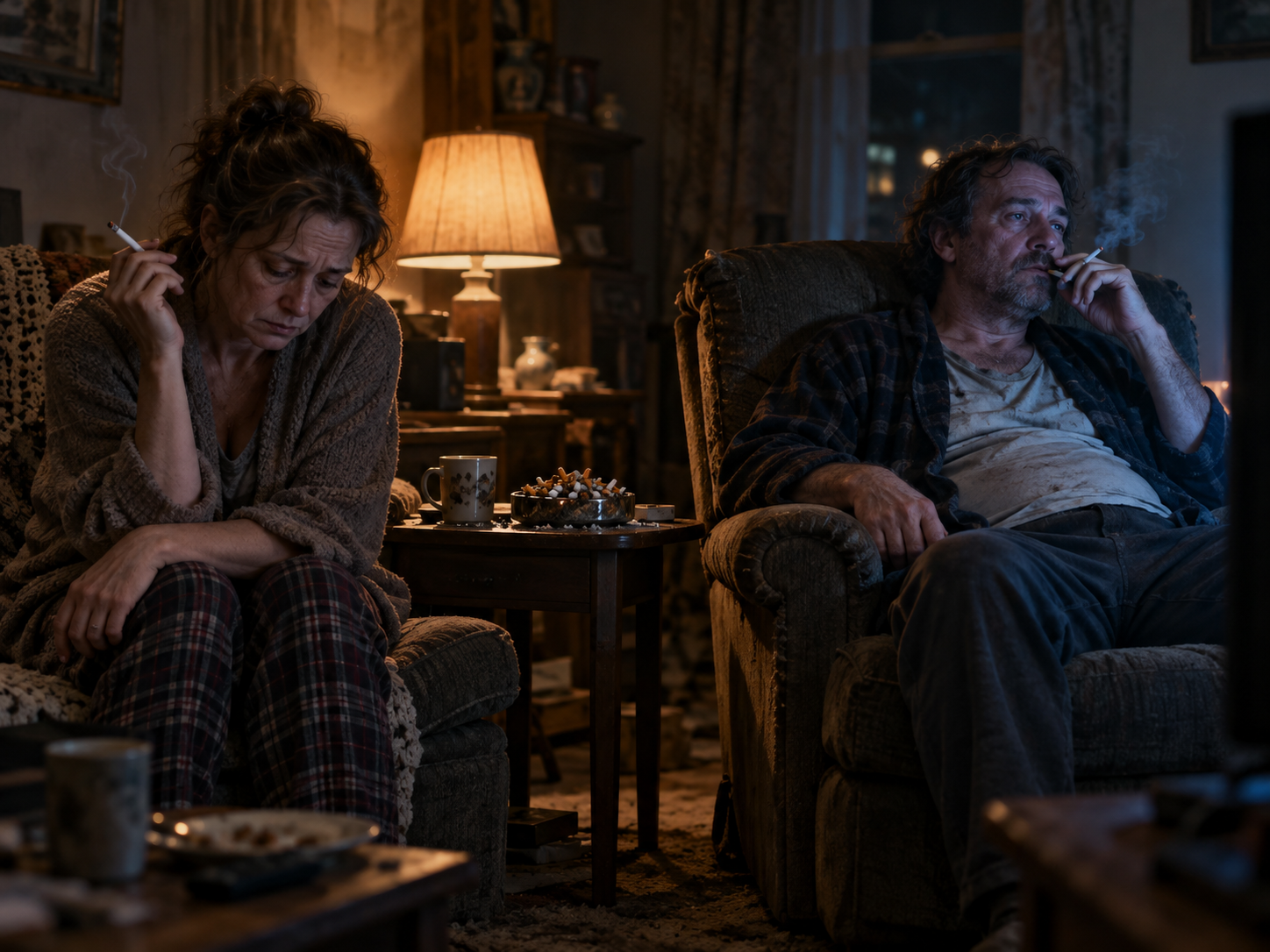 Two exhausted adults smoking cigarettes in armchairs beside an overflowing ashtray, illustrating str
