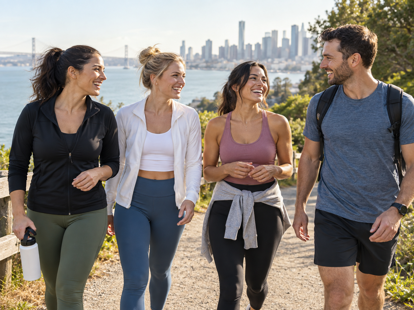 Three women and one man enjoying an active, healthy lifestyle, representing weight loss hypnosis and