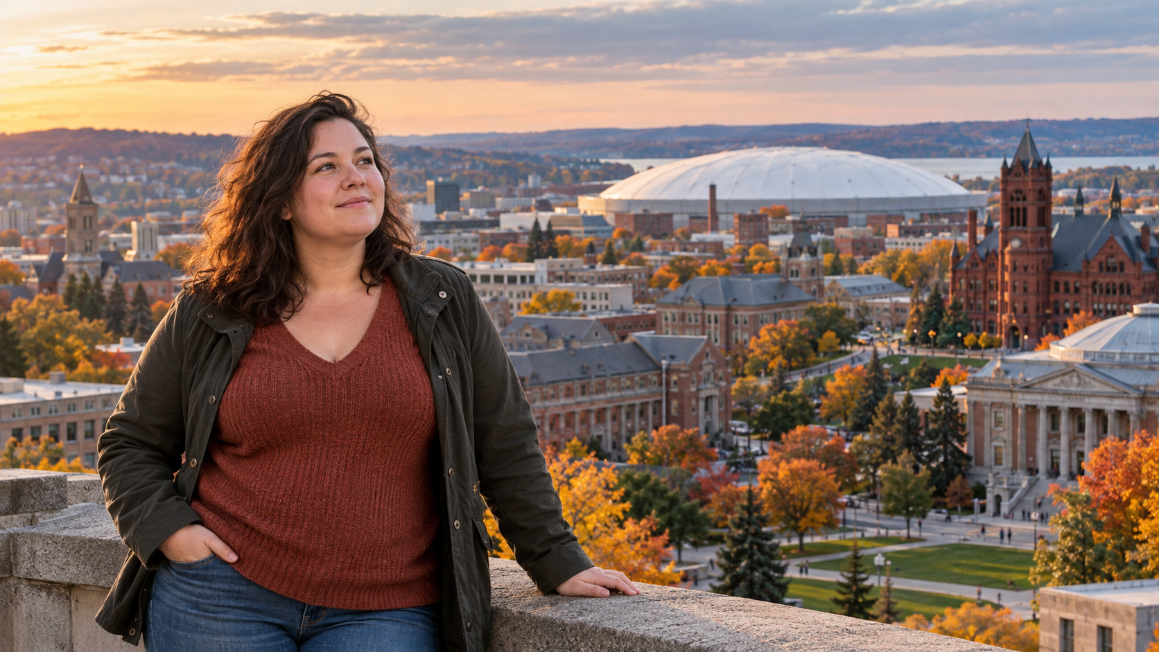 Slightly overweight person near Syracuse University campus with the JMA Wireless Dome in the backgro