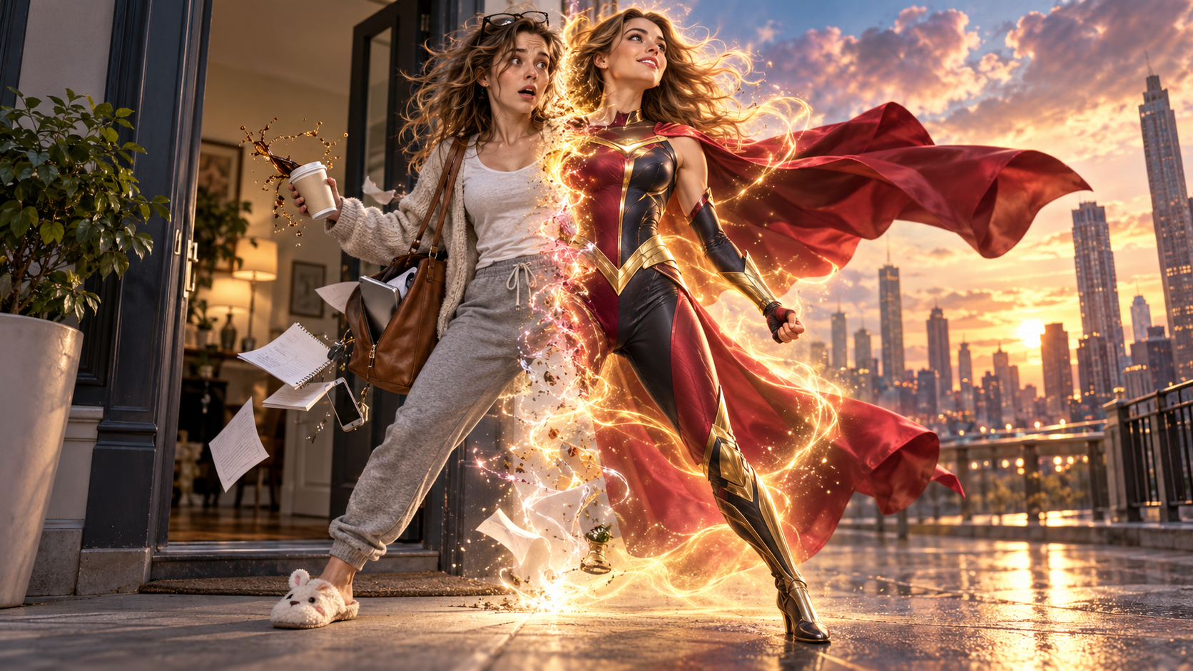 Woman transforming into a superhero, representing hypnosis for confidence and performance.