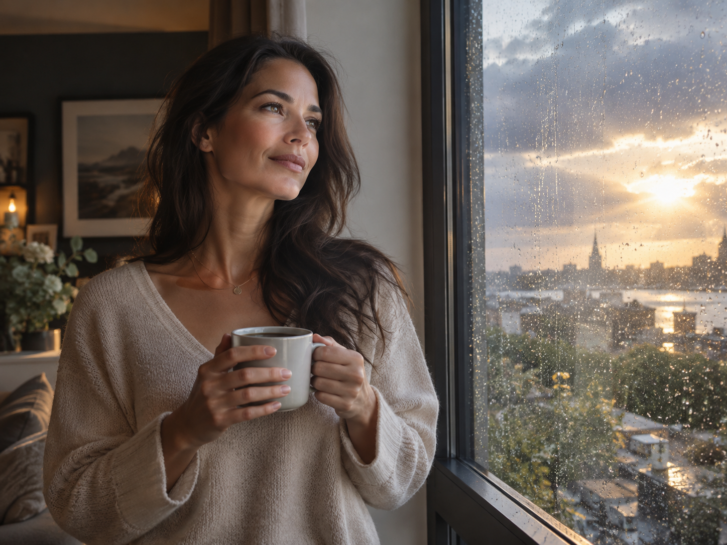 Woman looking through a rain-covered window as sunlight breaks through, representing low mood, emoti