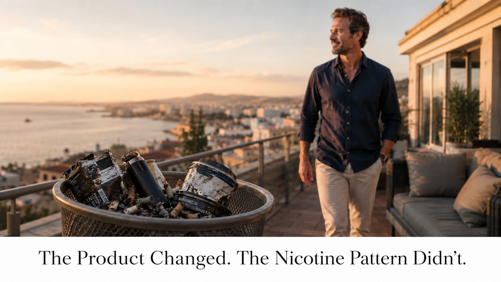Crushed cigarettes, a broken vape, and discarded nicotine products in a trash can