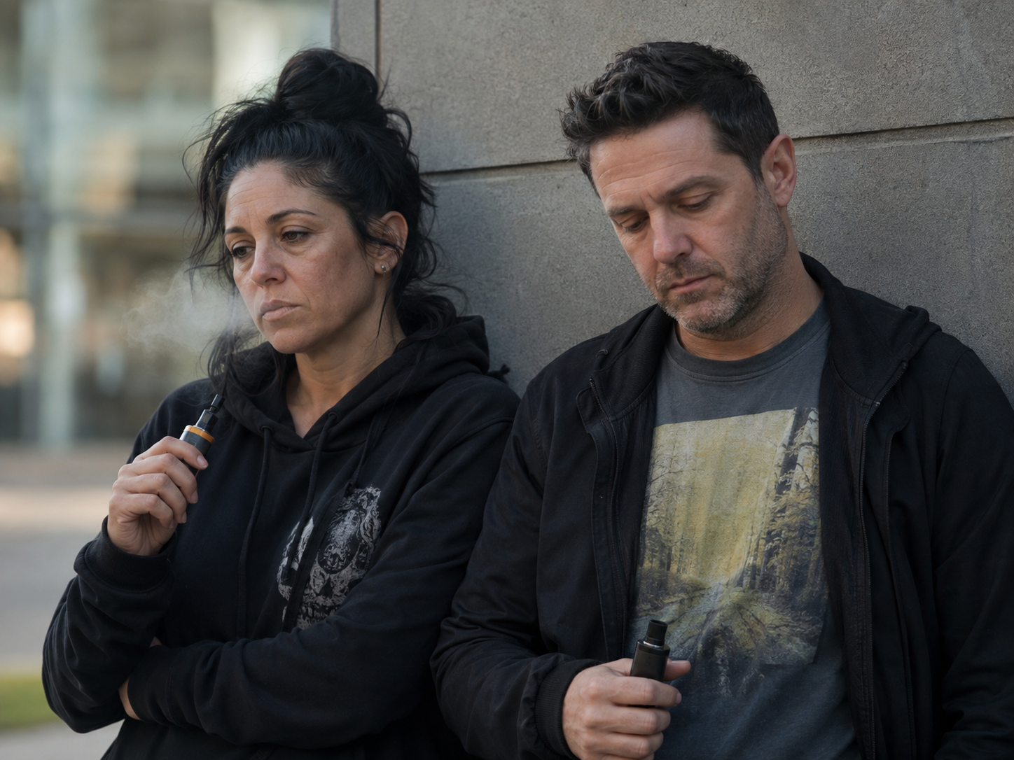 Two adults holding vapes and looking disconnected