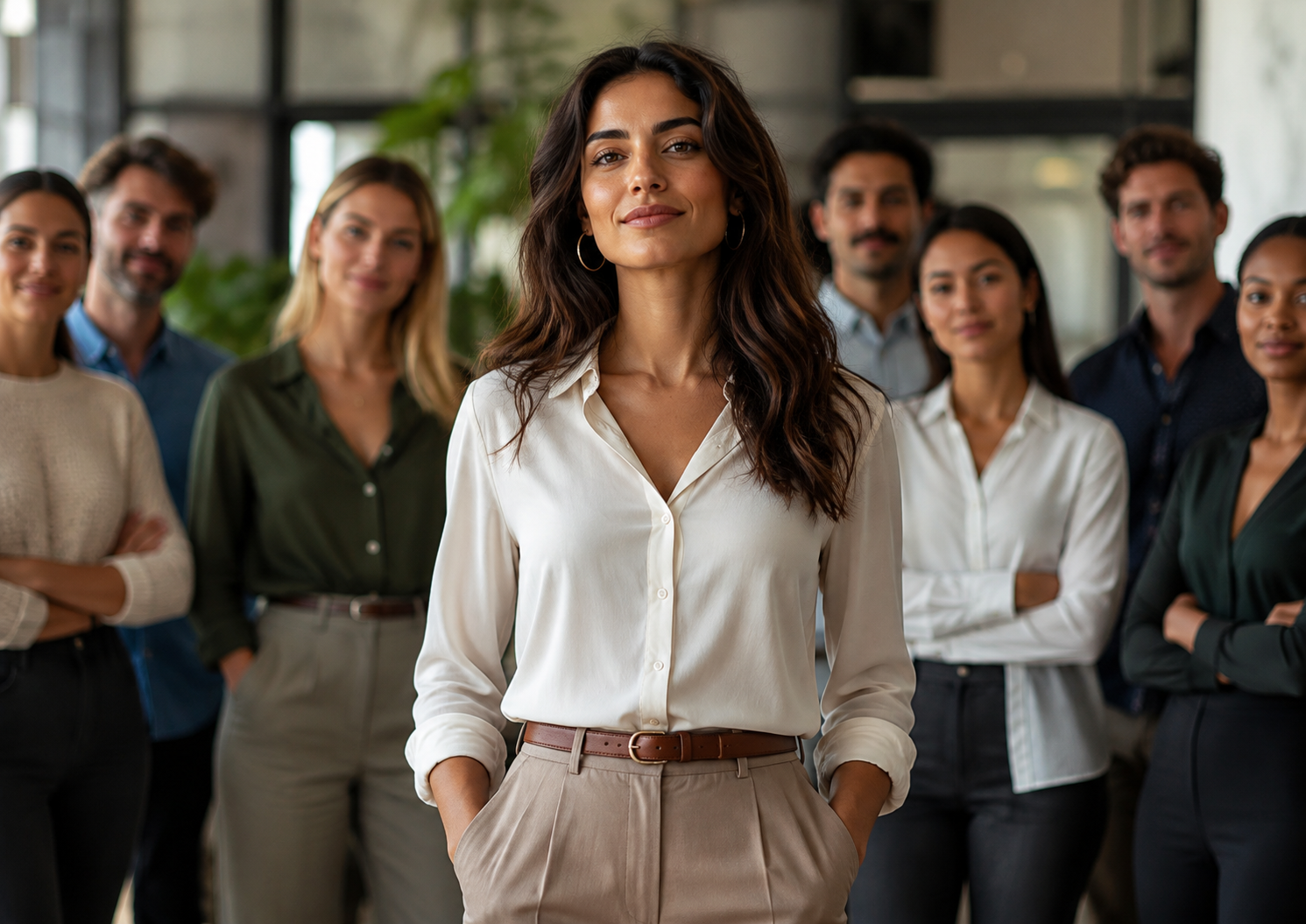 Confident woman standing in front of a well-dressed group of men and women