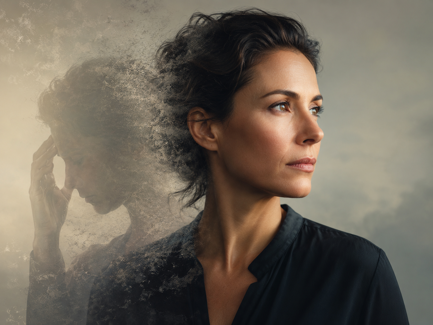 Woman looking right as old patterns fade behind her