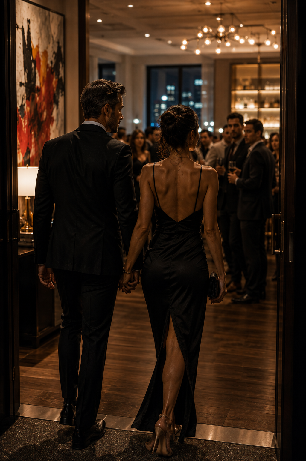 Confident couple entering an upscale Miami social event with ease and presence