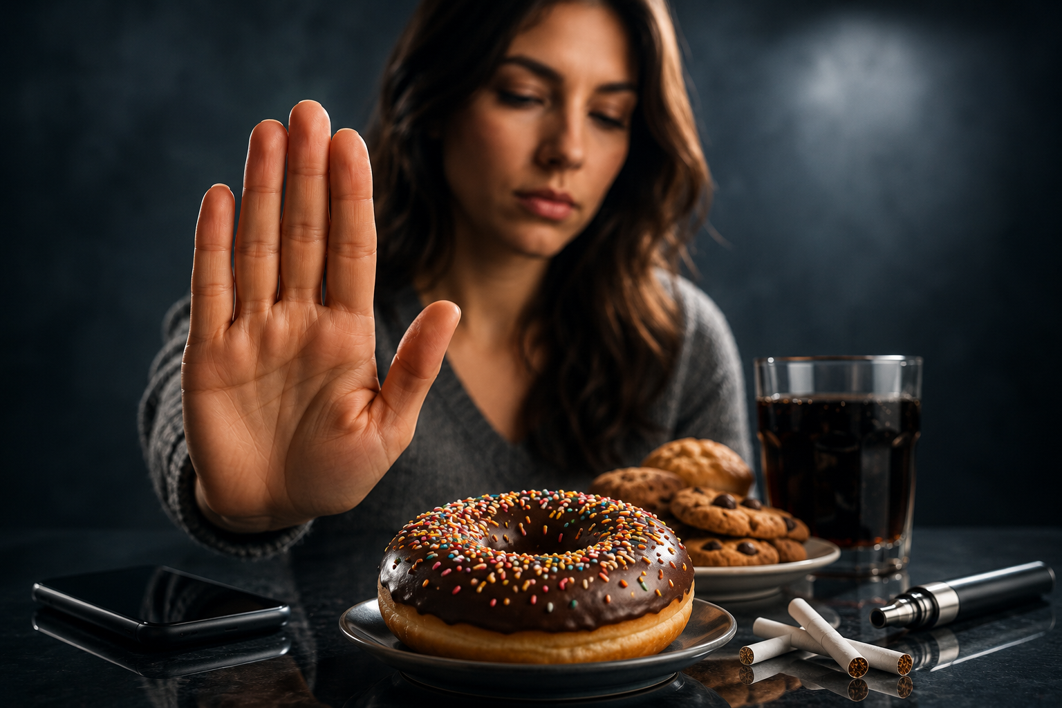 Woman resisting cravings for food, nicotine, and other habits