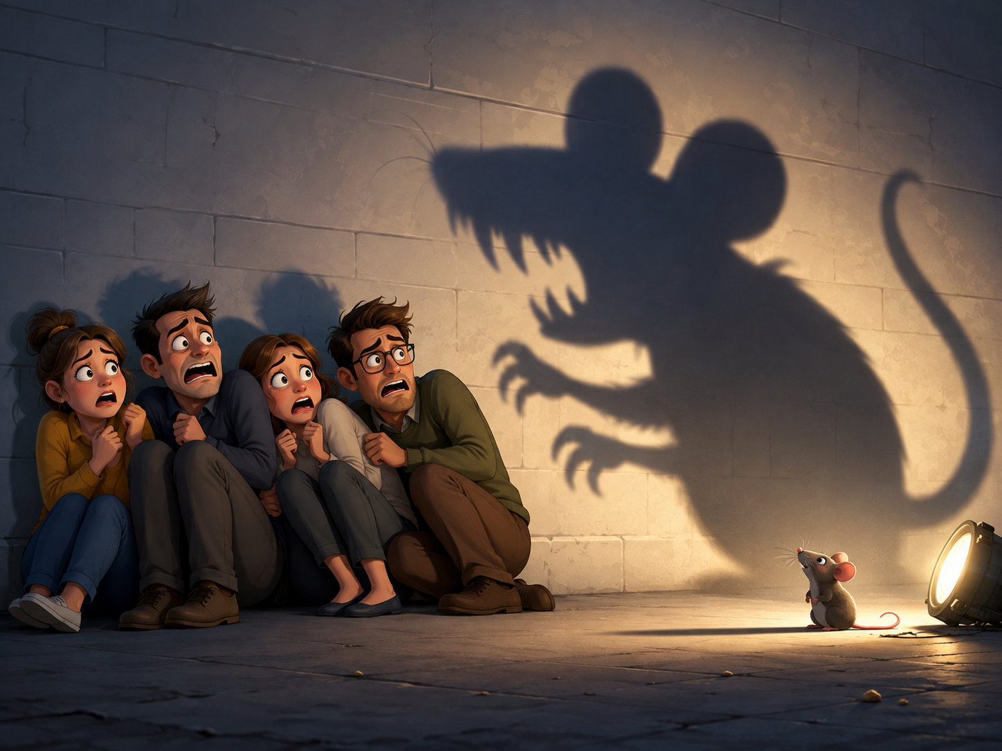 People frightened by a giant mouse shadow on a wall