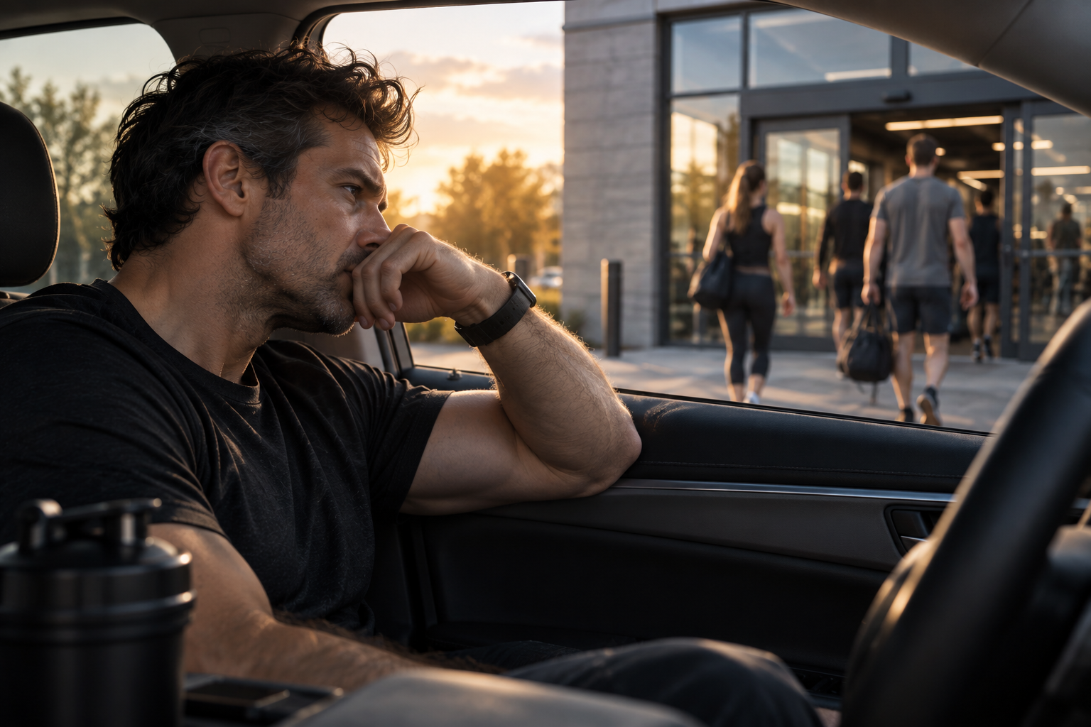 Man sitting in a parked car outside a gym, struggling with procrastination and hesitation before tak