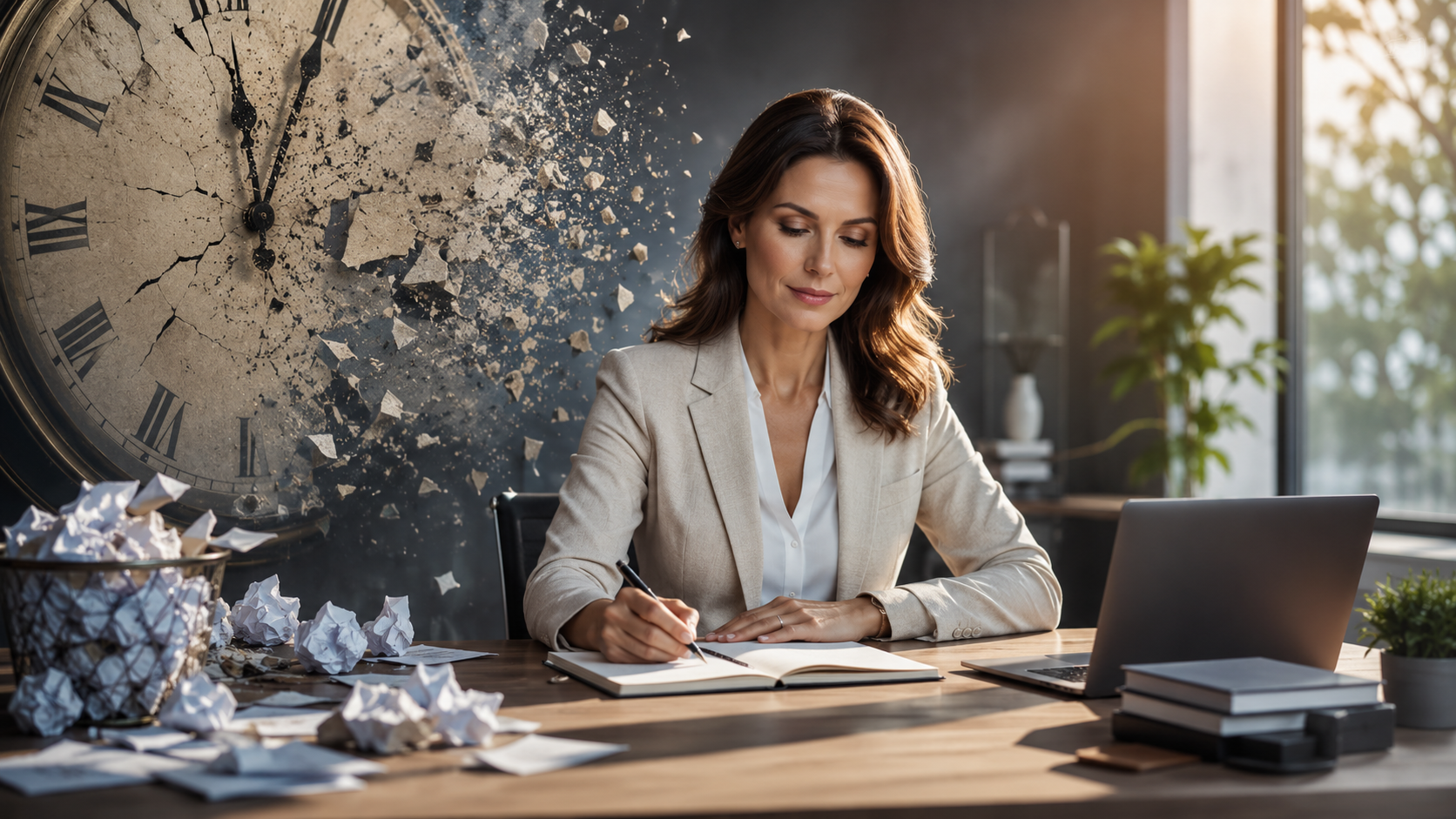 Woman calmly starting work as a giant clock breaks apart behind her