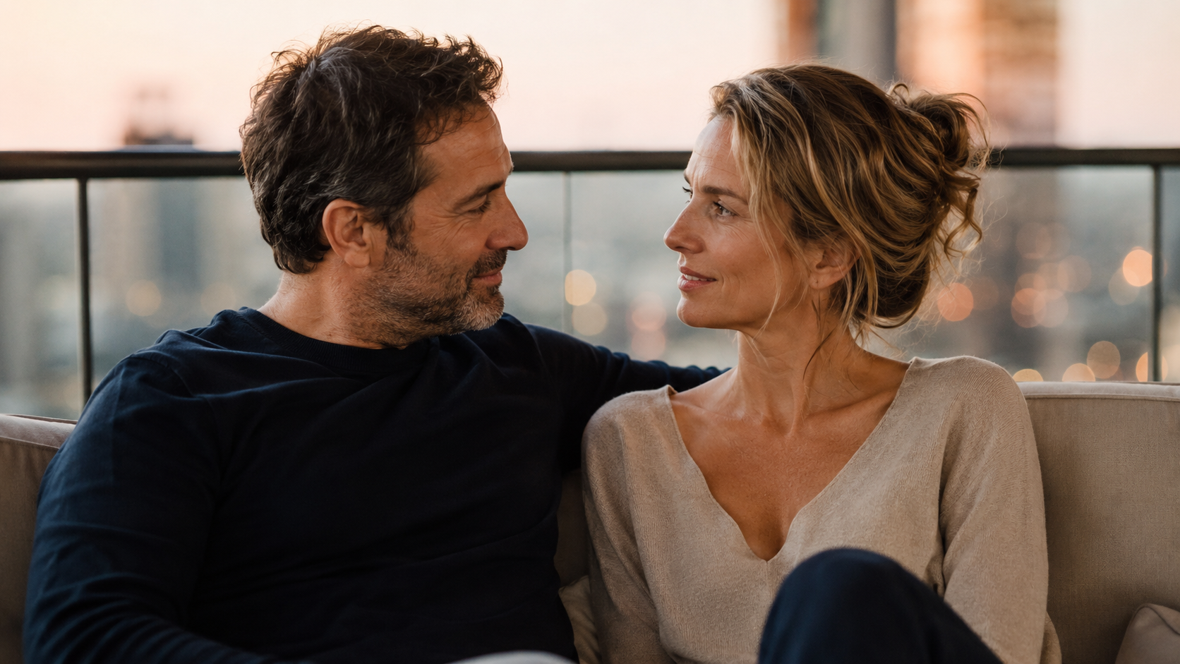 Mature couple sitting close together in a location-neutral setting, representing hypnosis for sex an