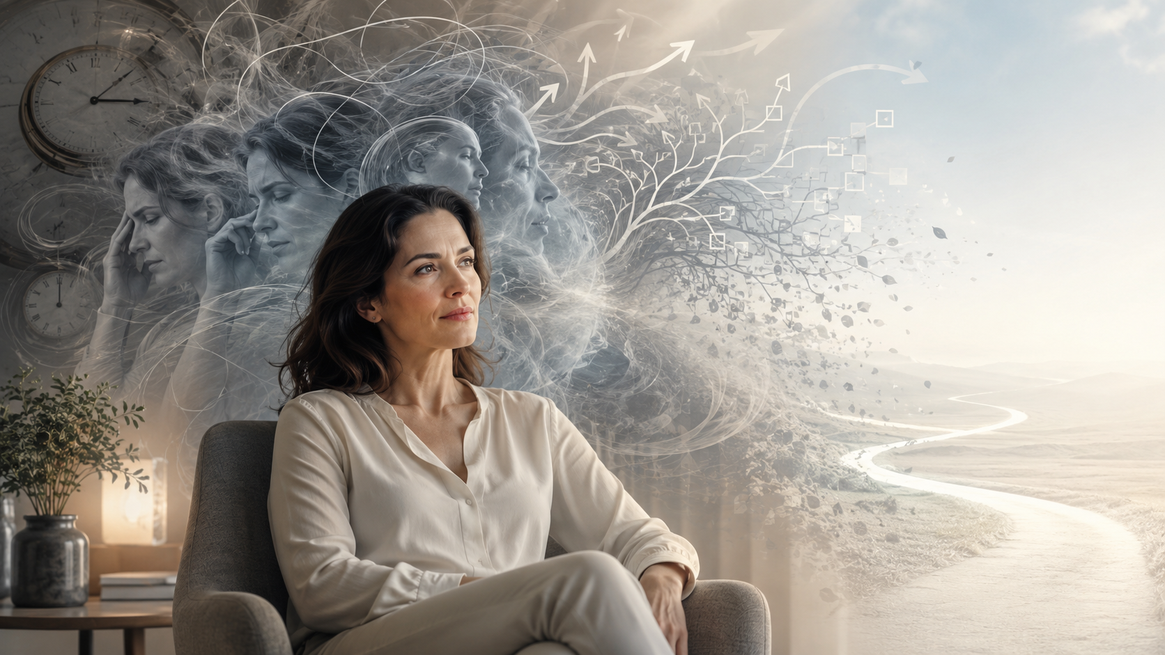 Woman moving from racing thoughts and overthinking toward mental clarity