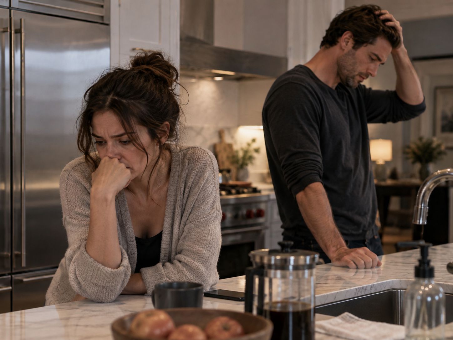 Exhausted man and woman standing at a kitchen island after an argument in a modern home.