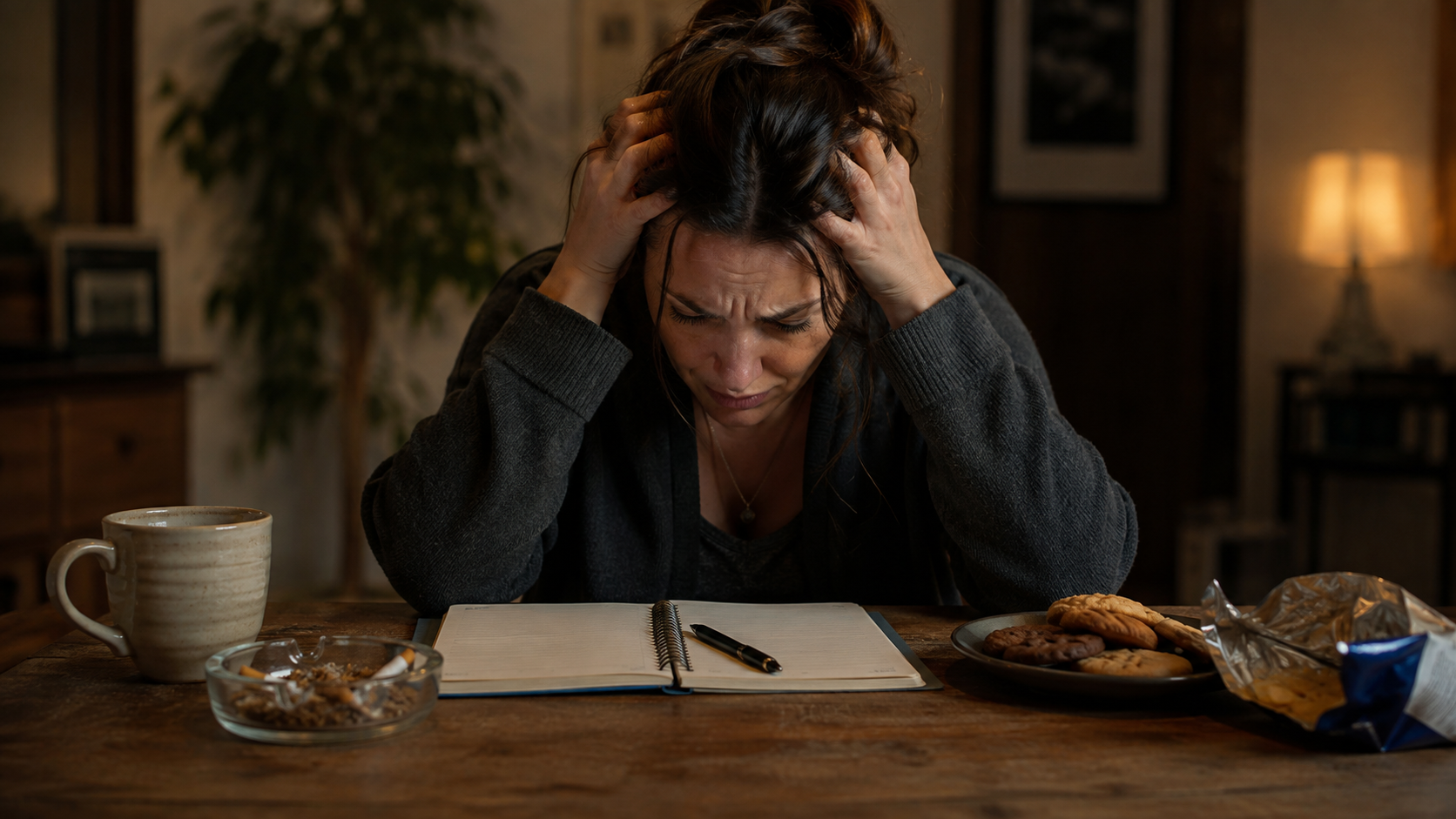 Woman in visible anguish at a table, representing self-sabotage, emotional overwhelm, subconscious