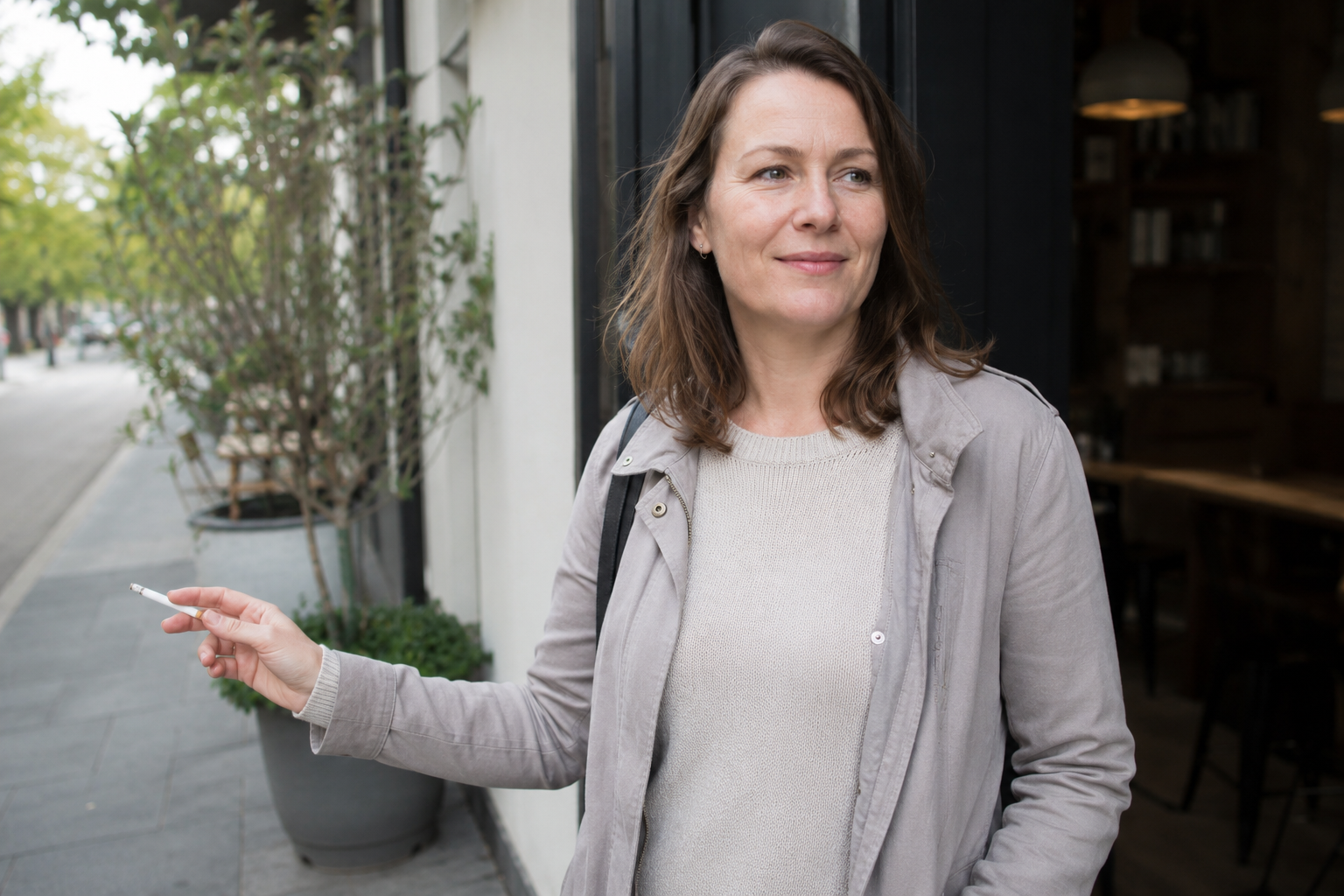 A clean, modern image of a person in their 40s standing outside an office or coffee shop, holding a