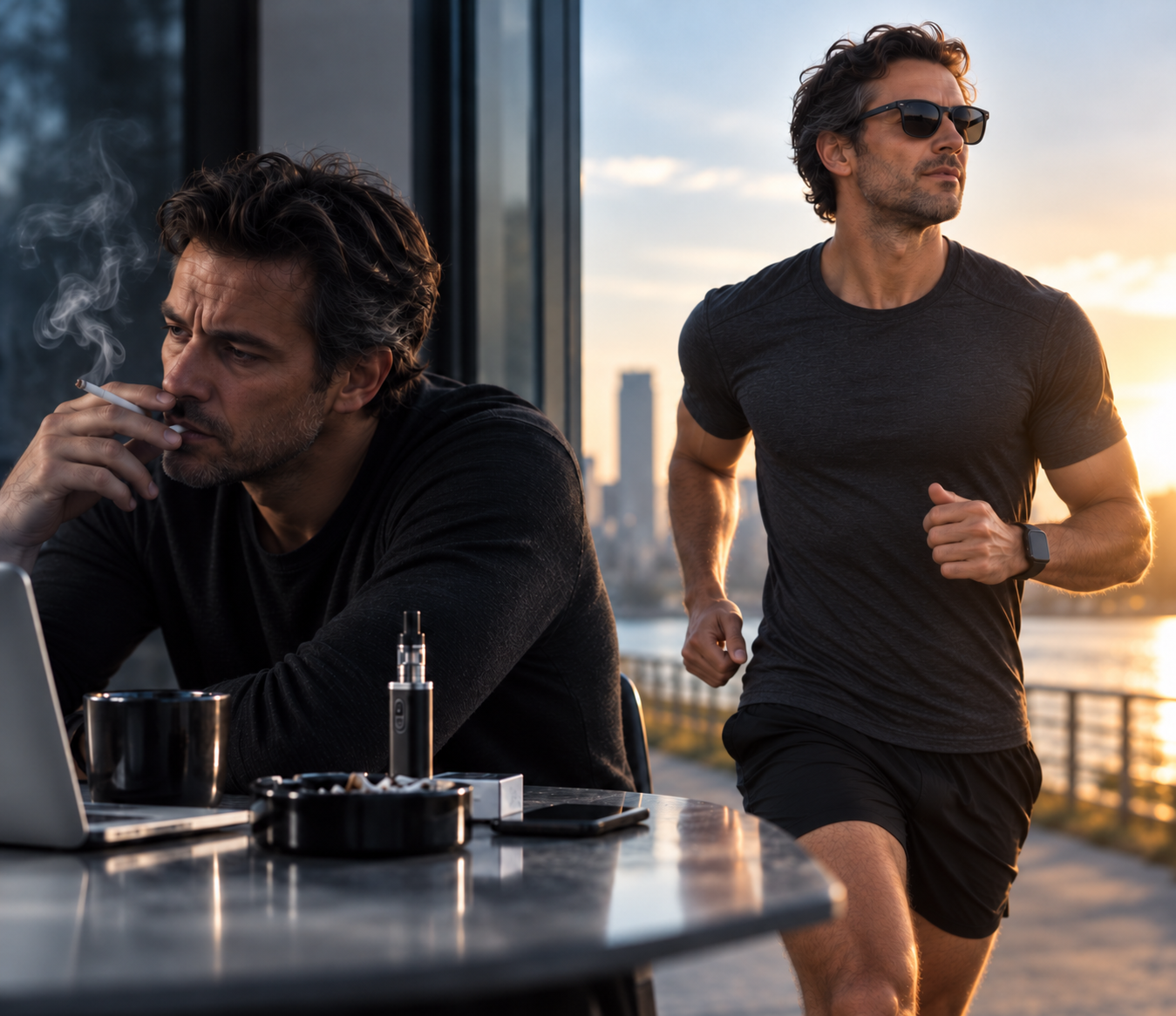 Tired smoker beside a vape contrasted with a healthier, more energetic man running outdoors after qu