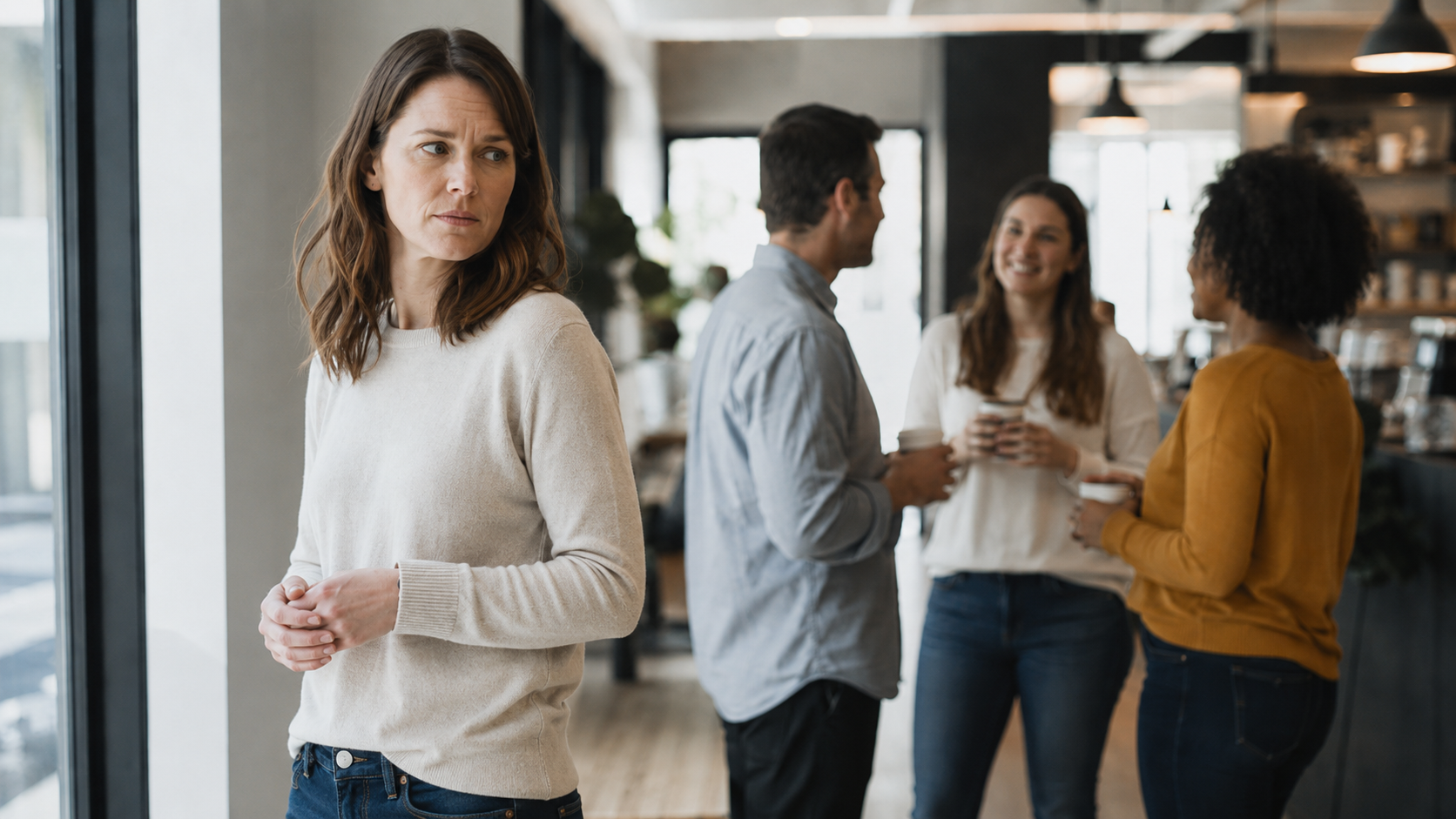 Woman looking over her shoulder at a group while experiencing social anxiety in a café