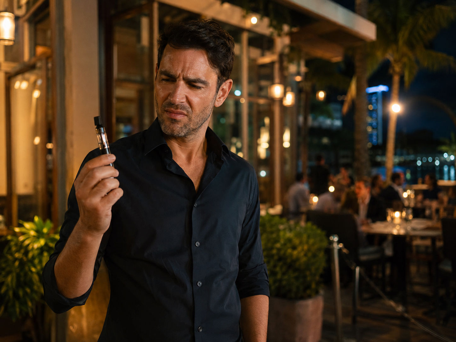 Man reconsidering his vape outside a Miami restaurant while deciding to quit vaping