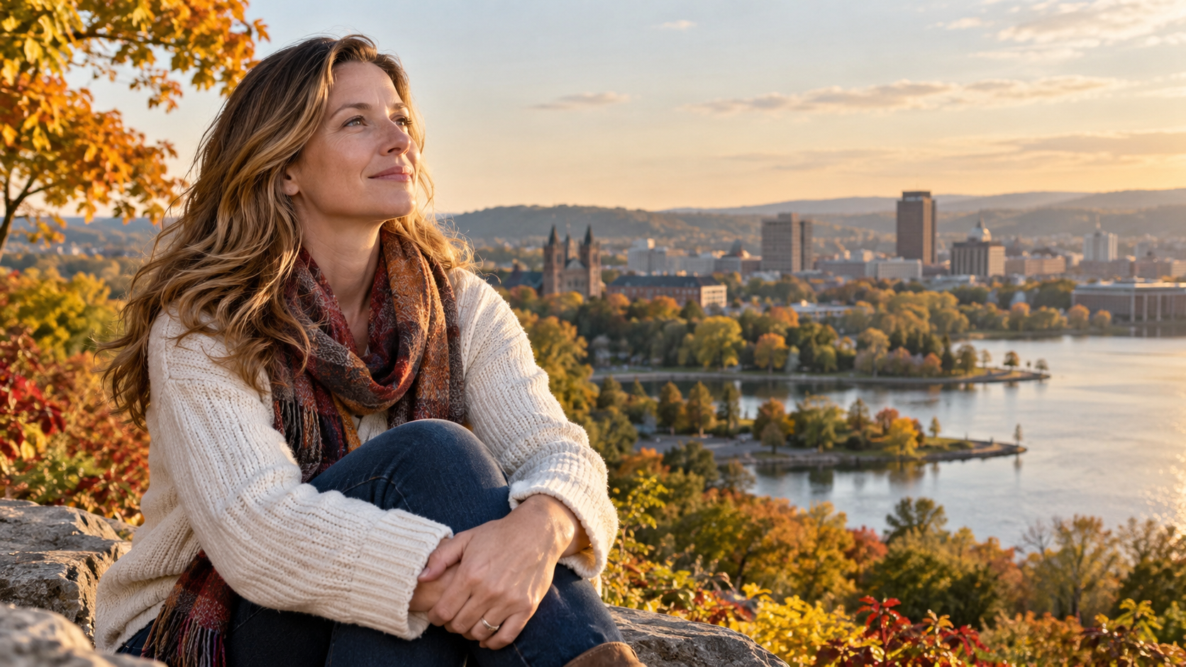 Woman relaxing above Syracuse in early fall while experiencing stress relief and mental calm