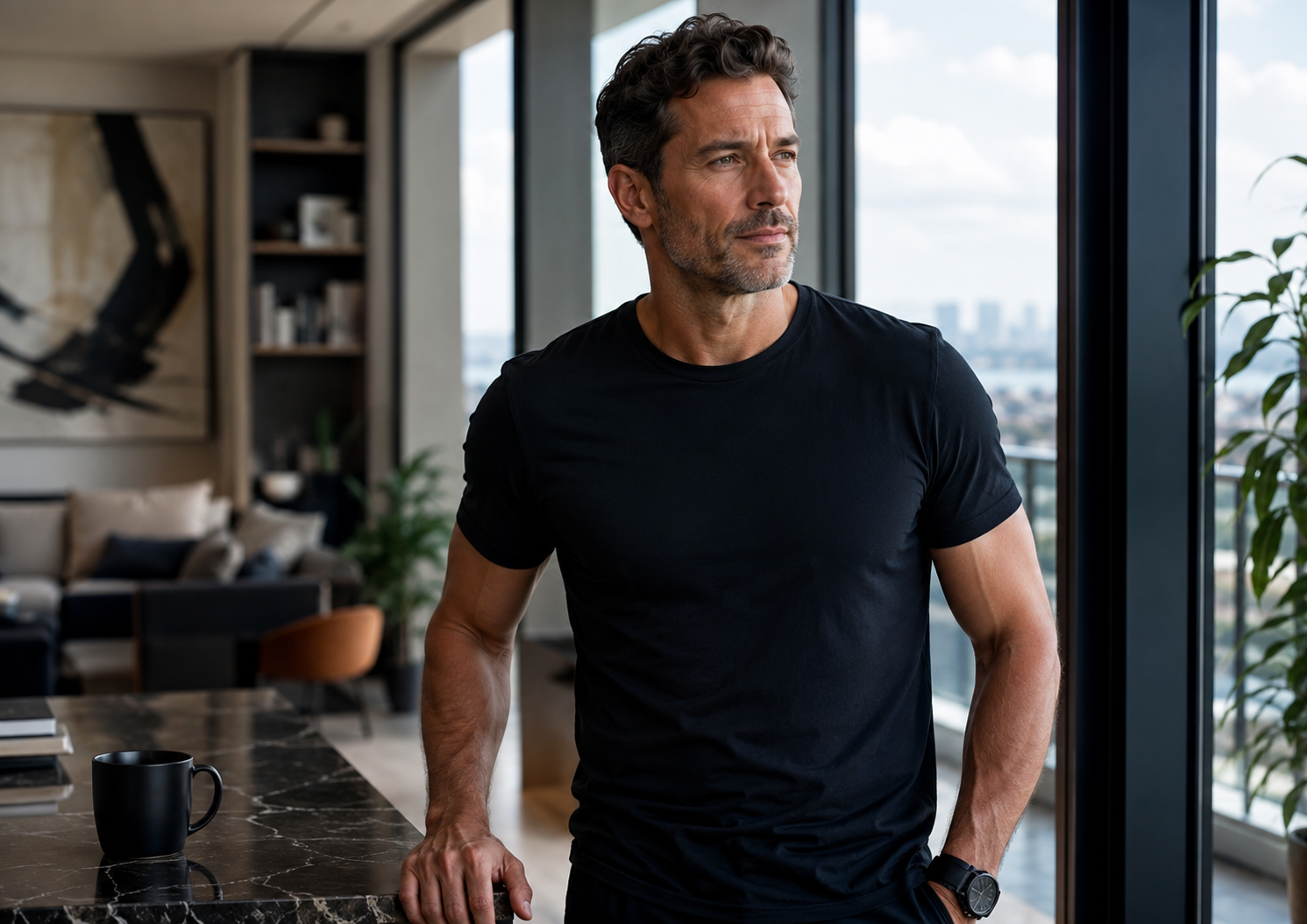Man overlooking a city skyline, representing weight loss hypnosis for men in Miami, Kansas City, and