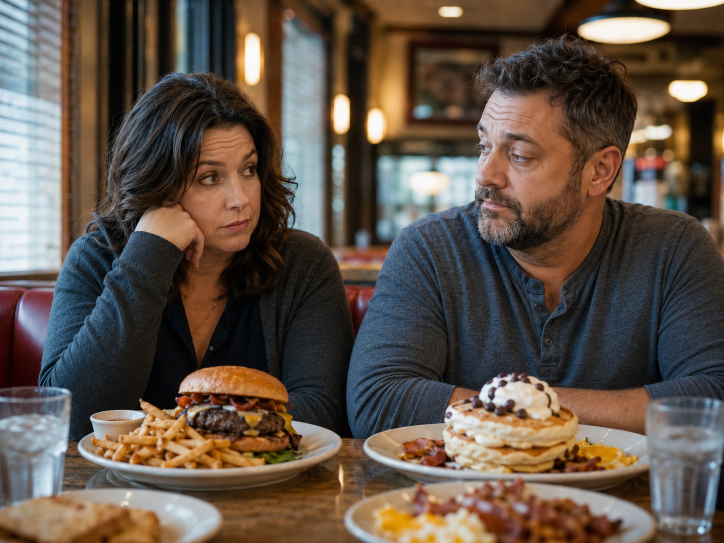 Couple reconsidering a large diner meal while discussing healthier eating choices
