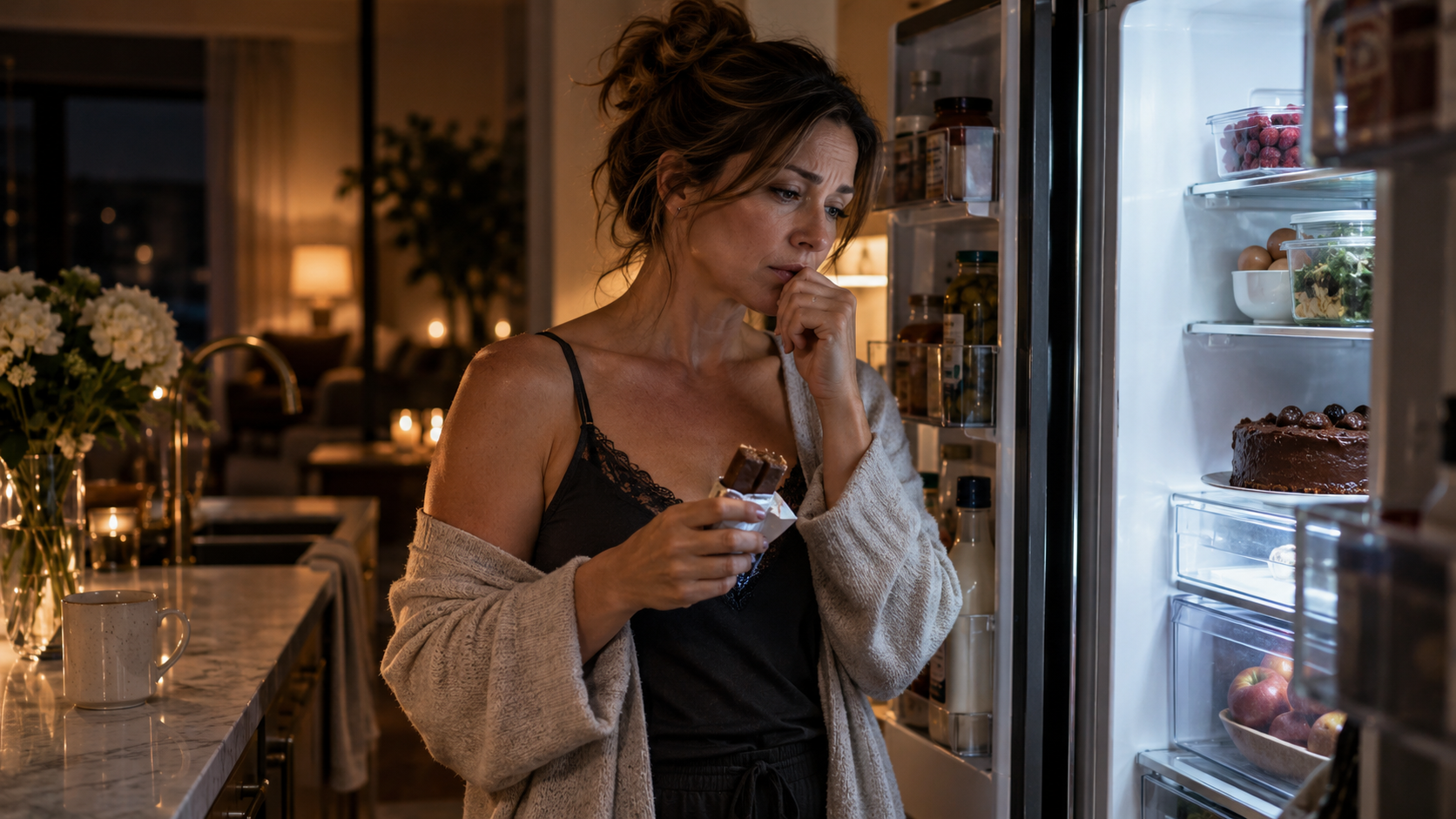 Woman standing at an open refrigerator at night holding chocolate, representing emotional eating, st