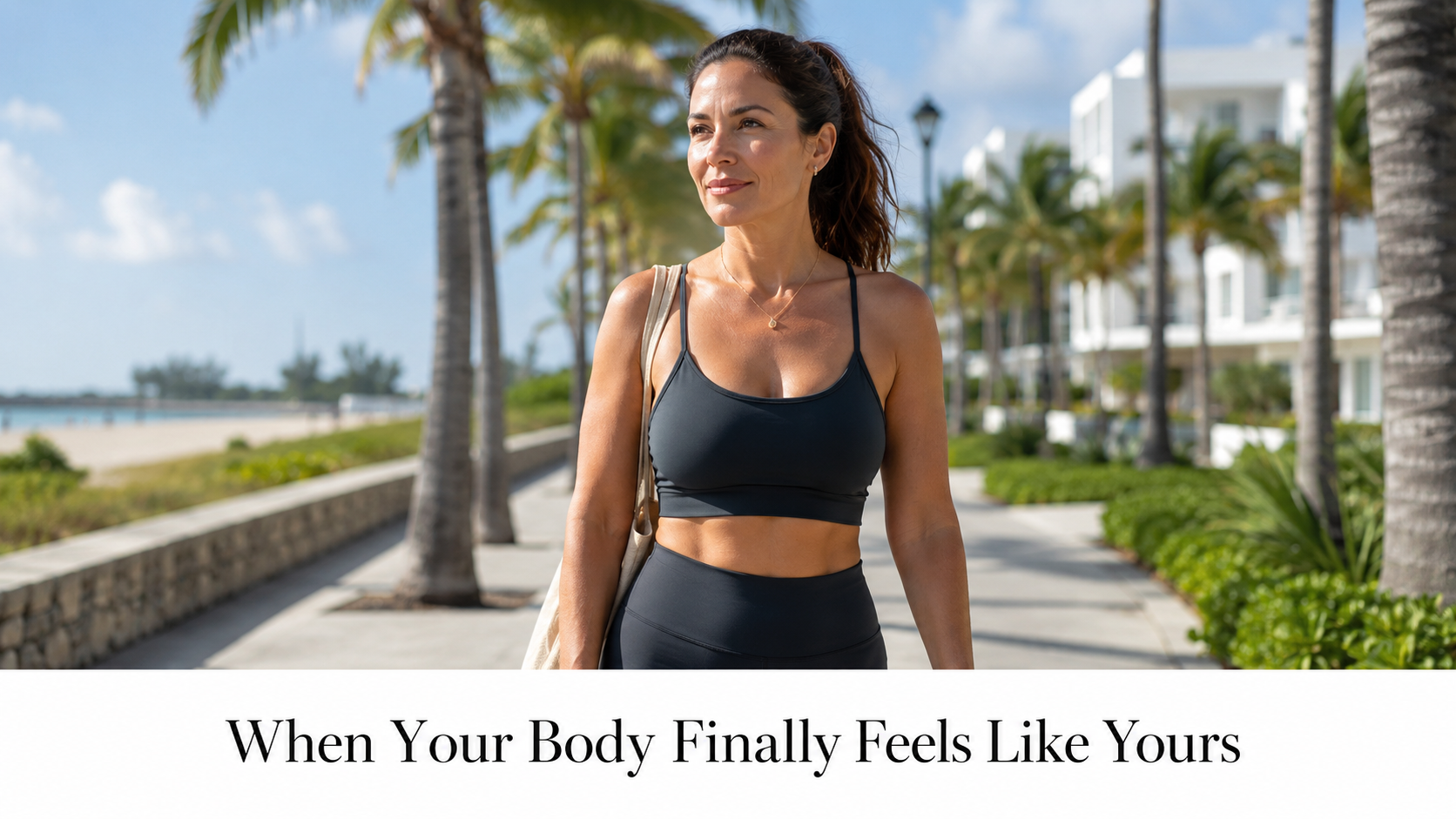 Confident woman walking along a palm-lined Miami beachfront promenade, representing hypnosis