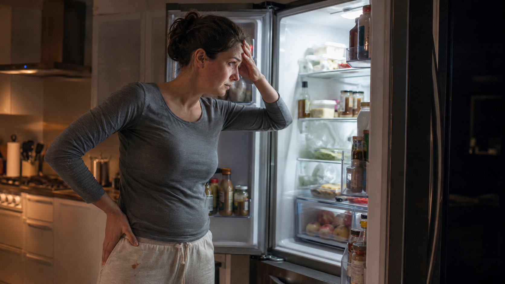 Woman with a messy bun looking frustrated into an open refrigerator while struggling with emotional 