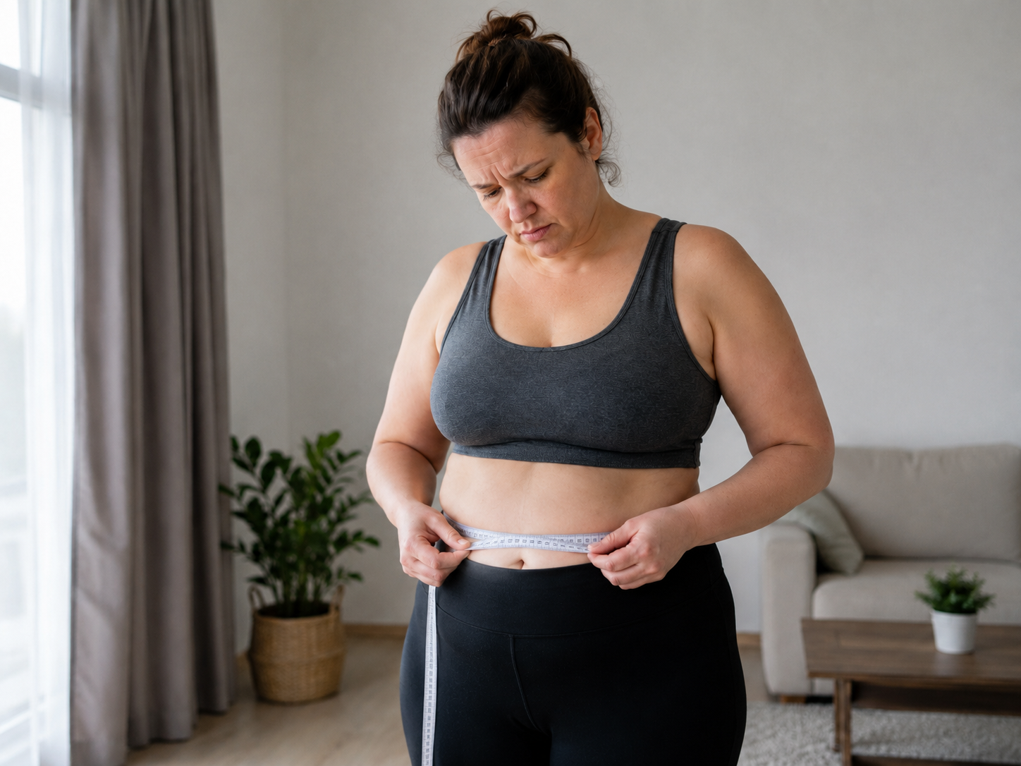 Woman measuring her waist and feeling discouraged