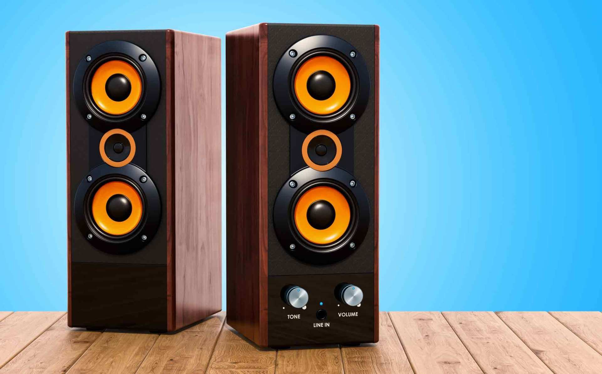 Two speakers are sitting on a wooden table.