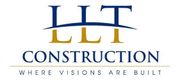 LLT Construction logo with blue and gold letters and the tagline “Where visions are built”