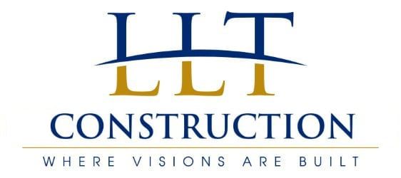 LLT Construction logo with blue and gold letters and the tagline “Where visions are built”