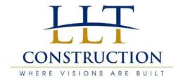 LLT Construction logo with blue and gold letters and the tagline “Where visions are built”