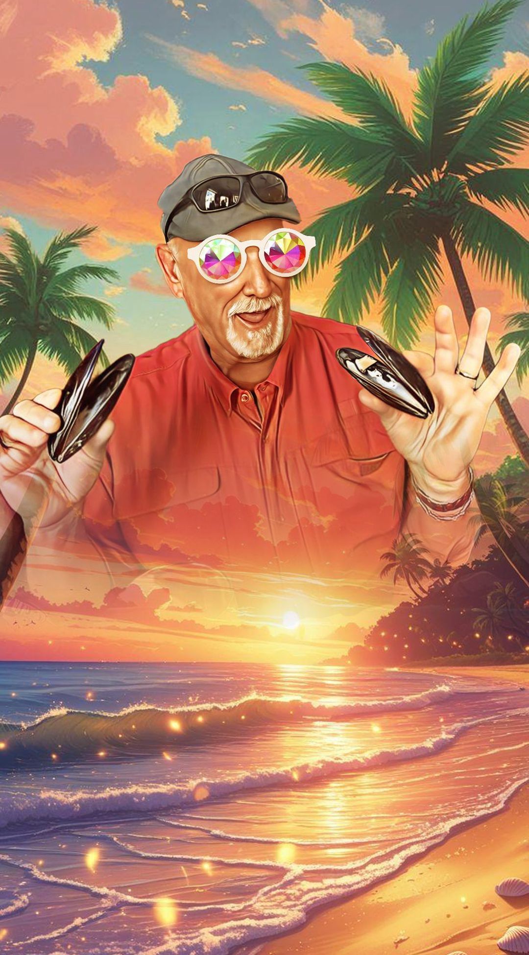 Stylized sunset beach scene with a smiling man