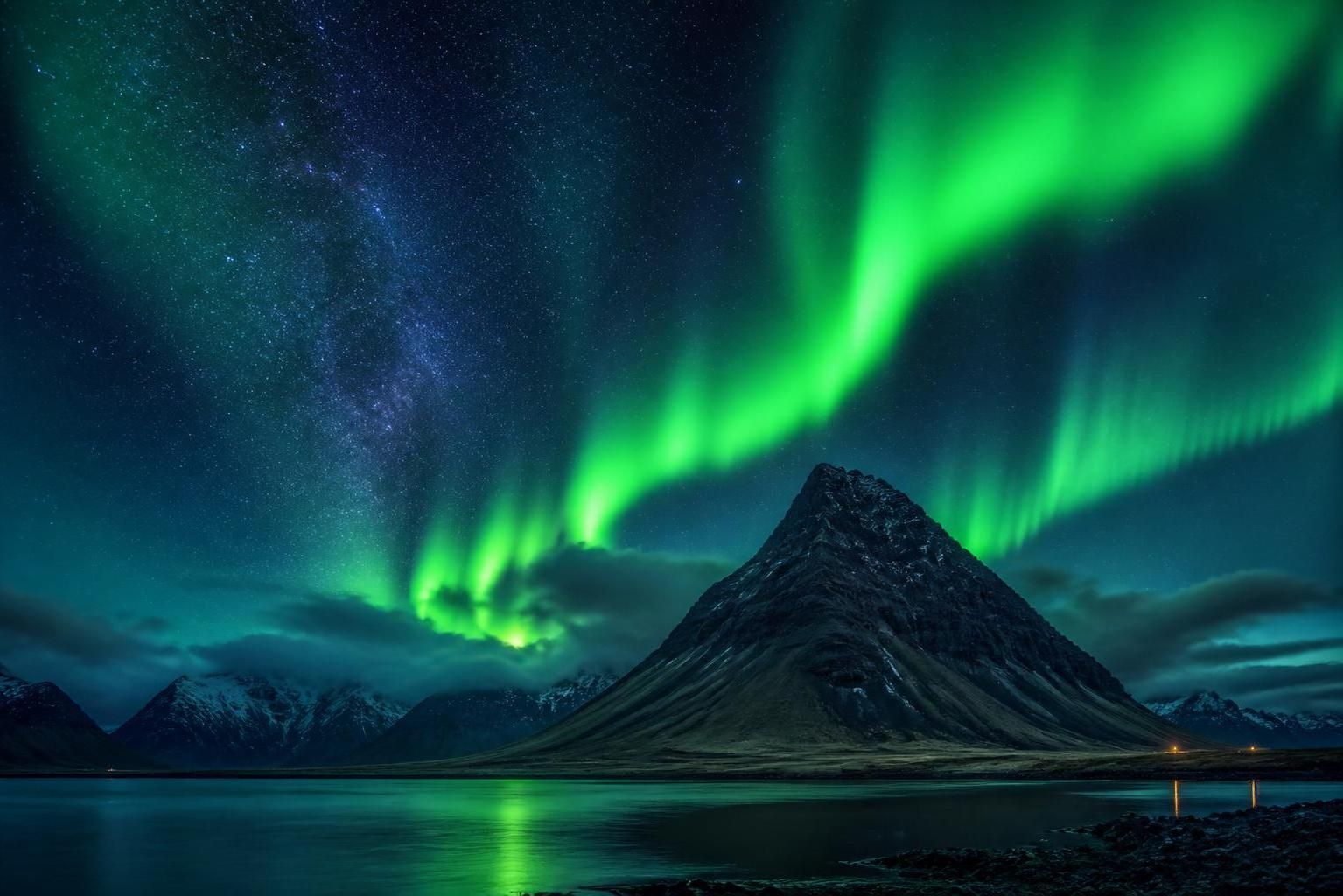 Green aurora lights over a dark mountain and calm water at night