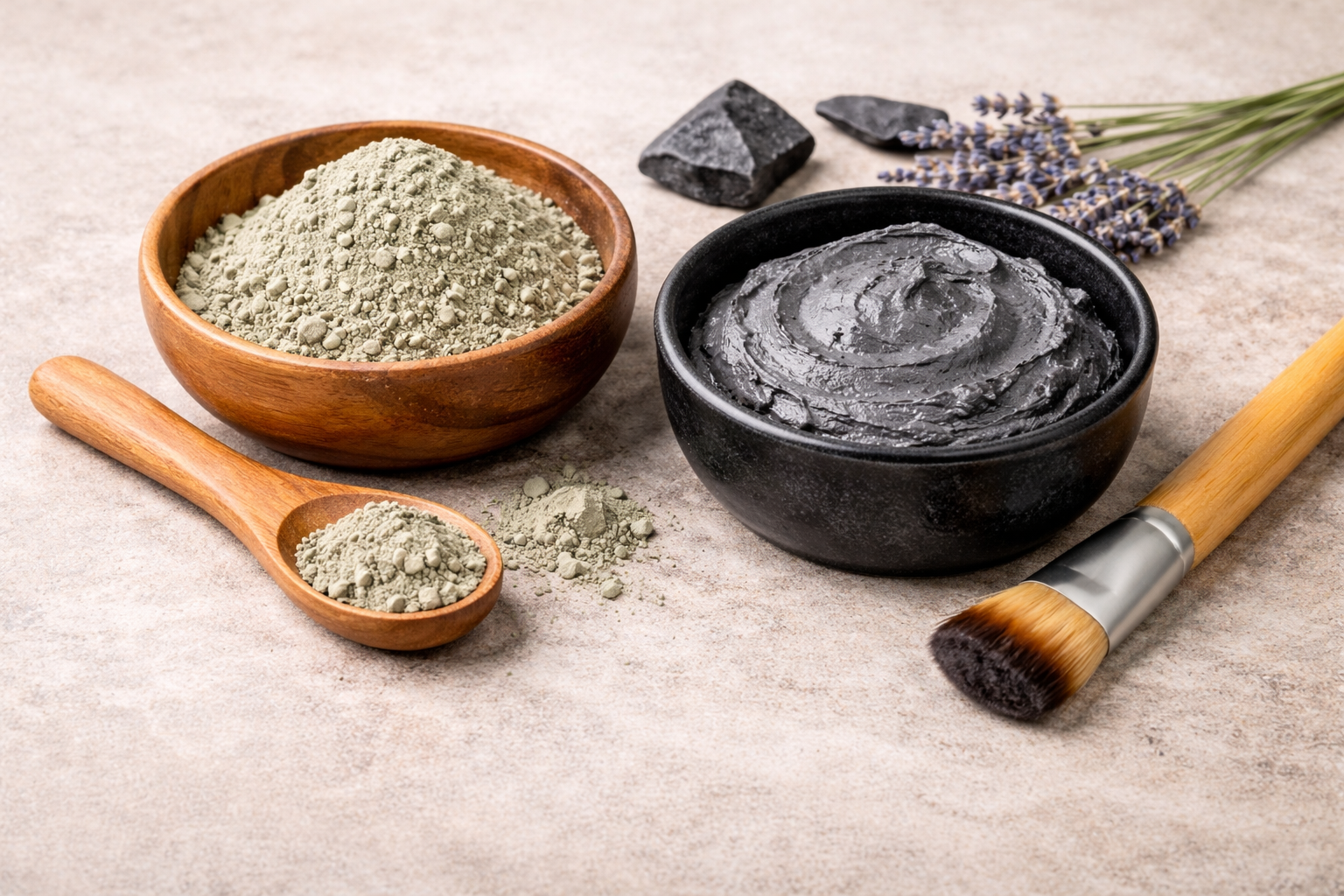A bowl of green powder, a bowl of grey face mask, a wooden spoon, a brush, and lavender on a neutral stone surface.