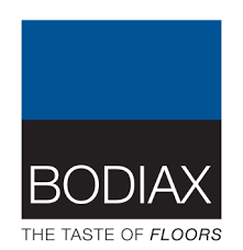 Het logo voor bodiax the taste of floors is blauw en zwart.