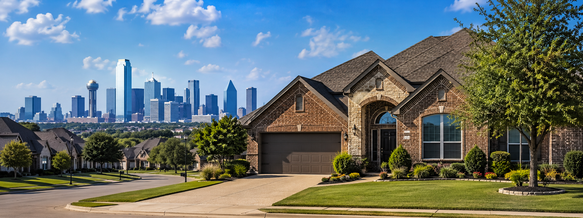 dallas skyline with north texas suburban house