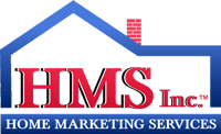Logo for Home Marketing Services (HMS Inc.). Blue house outline with red text: 